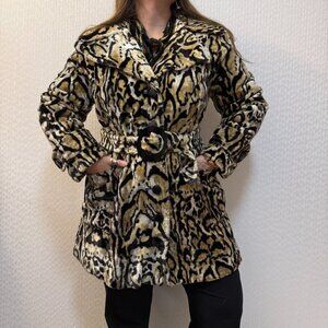 Vintage 60s 70s Leopard Faux Fur Animal Print Belted Coat Union Made Mod M/L